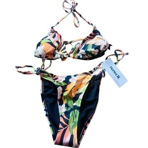 Hurley Tropical Floral Bikini Set Tie Side Halter Swim NWT